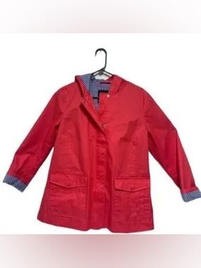 Talbots Coral Orange Utility Jacket w/ Hood Blue White Gingham Lining